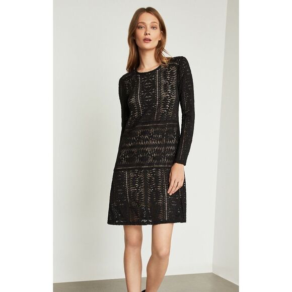 New! BCBGMAXAZRIA Waving Vines Long Sleeve Lace Shift Dress Size XS Black - Picture 3 of 10